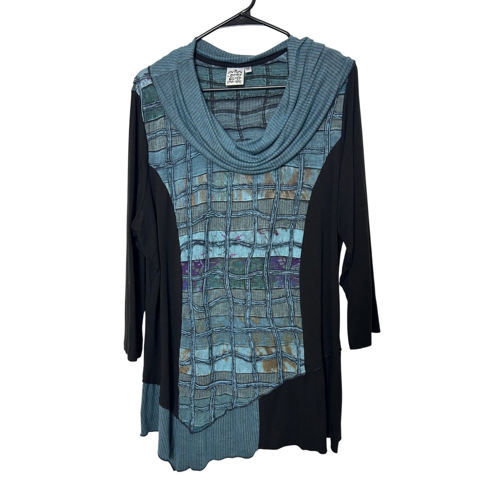 Parsley & Sage Tunic Women 1X Blue Patchwork Art to Wear Lagenlook Boho Top